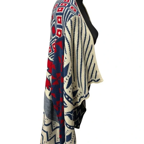 Pinklicious Women’s Open Front Cardigan Sweater Aztec Tribal S/M Boho Red Blue - Picture 6 of 10